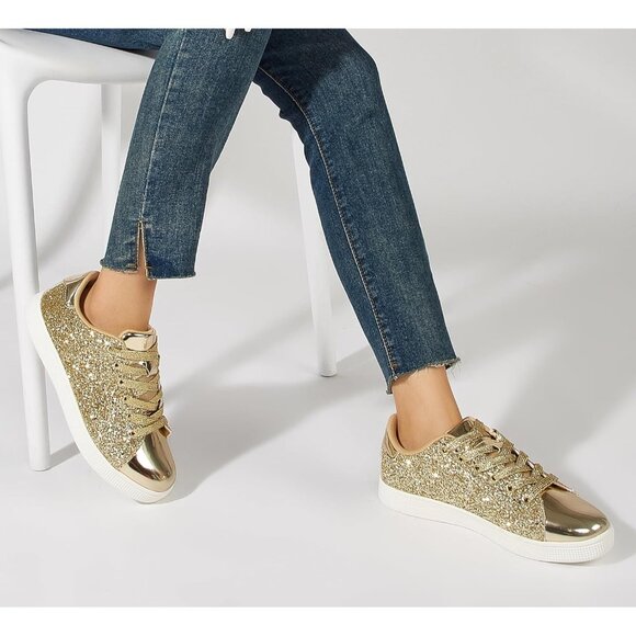 Women's Gold Glitter Shoes Sparkly Bling Shiny Bedazzled Lace Up Sneaker - Picture 9 of 9
